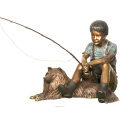 garden decoration life size fishing bronze boy sculptures with dog statue